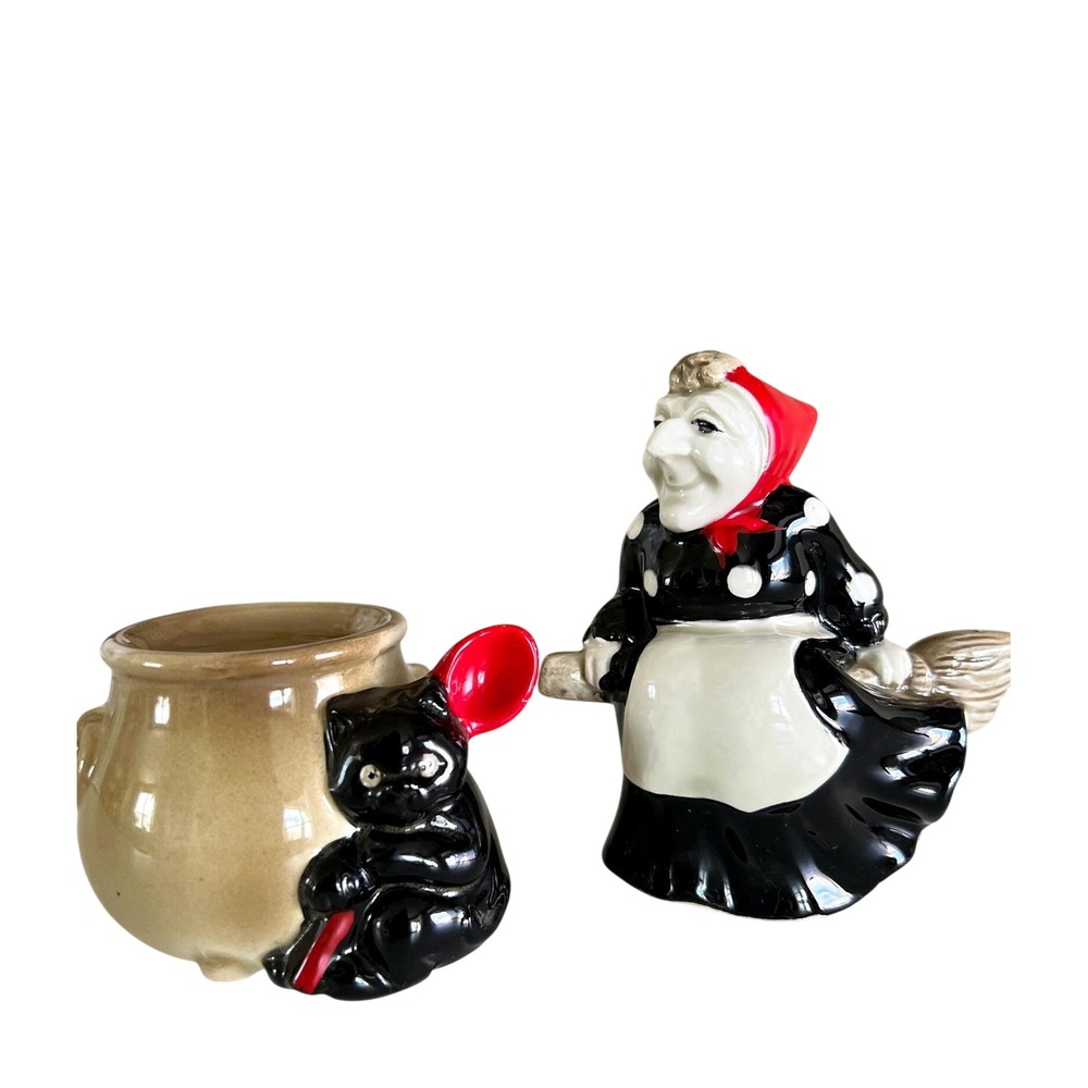 Rare vtg Fitz Floyd Japan Witch Black Cat Cauldron Salt Pepper Shakers Halloween